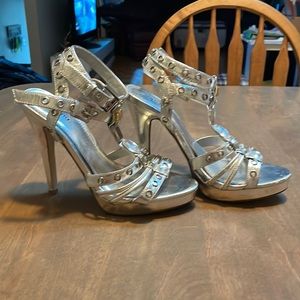 Silver gemstone double strap heels